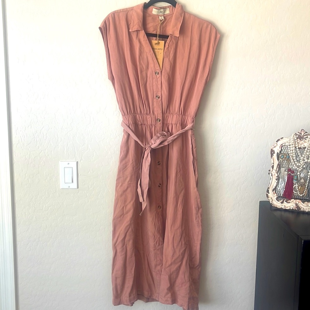 Thread & Supply 100% Tencel MIDI Dress Button Down with Pockets Sz S Blush Rose